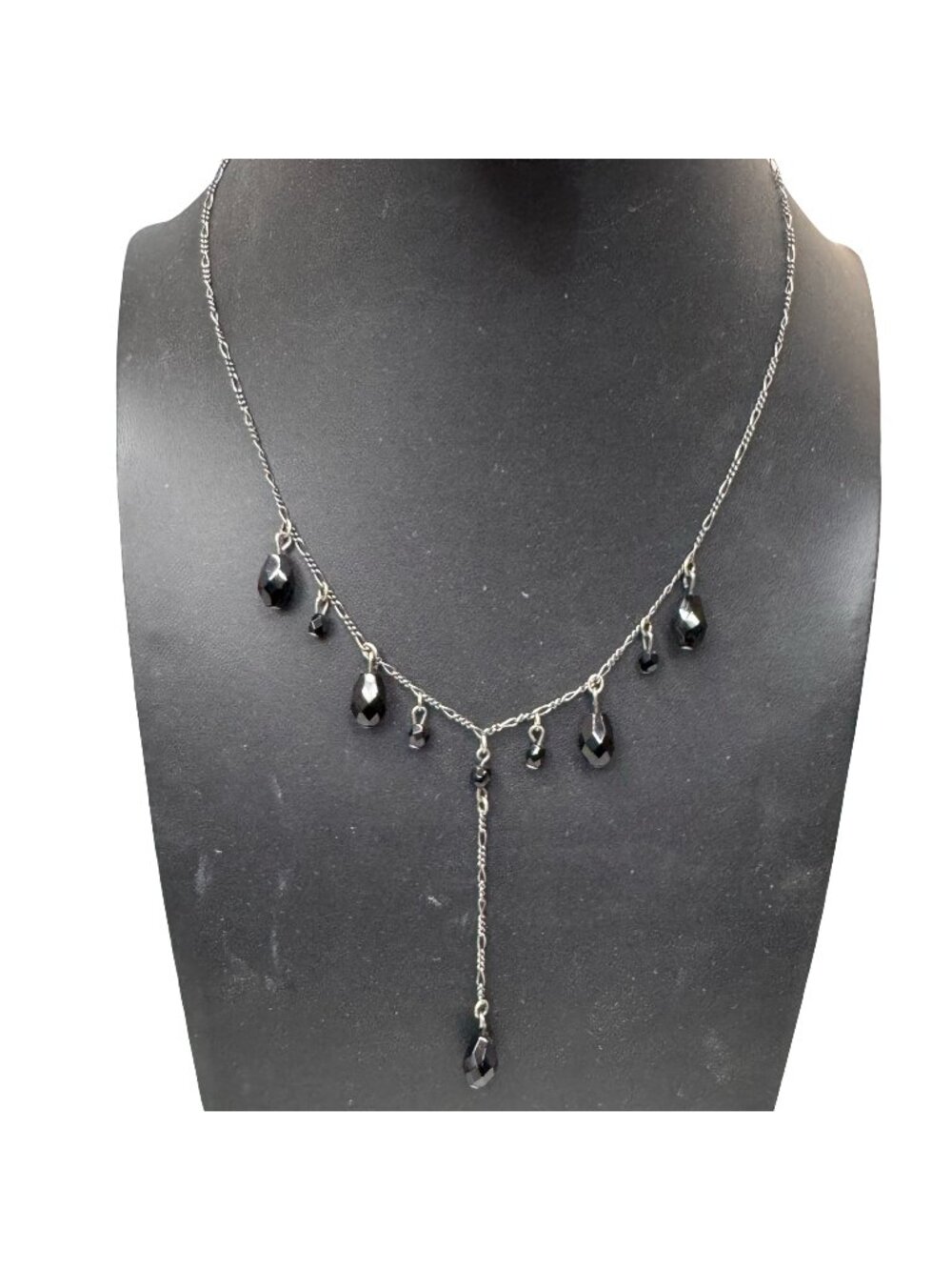 Vtg Black Bead Drop Dangle Y Faceted Glass Art Deco Sterling Silver Necklace 15"